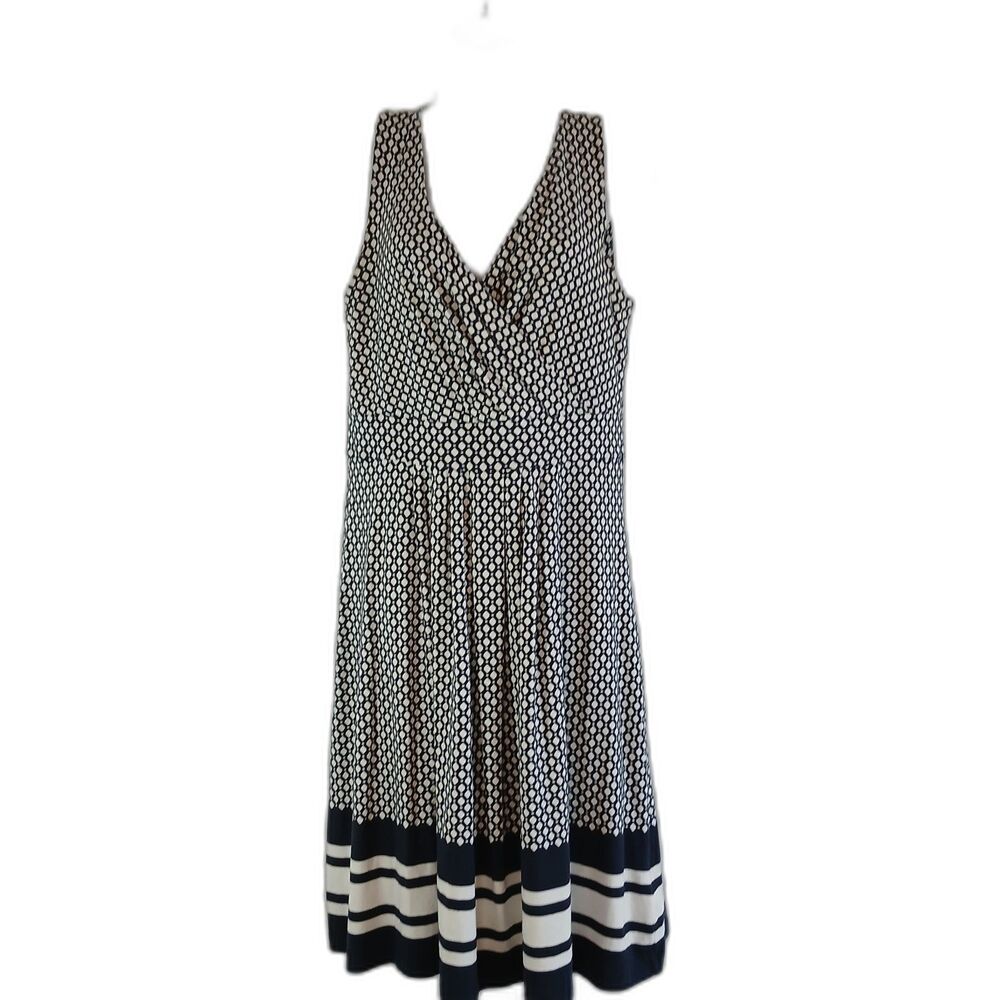 Lands End Fit & Flare Dress White/blue Polka Dot Knee Length V-Neck sz M work